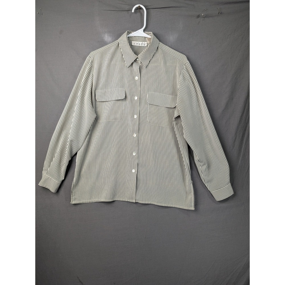 Chaus Womens Size 10 Striped Long Sleeve Button Down Shirt Black White 8031